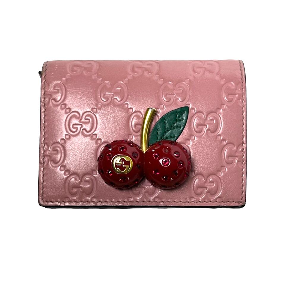 Gucci Authentic Cherry Wallet Japan Exclusive Pink GG Marmont Embossed Leather